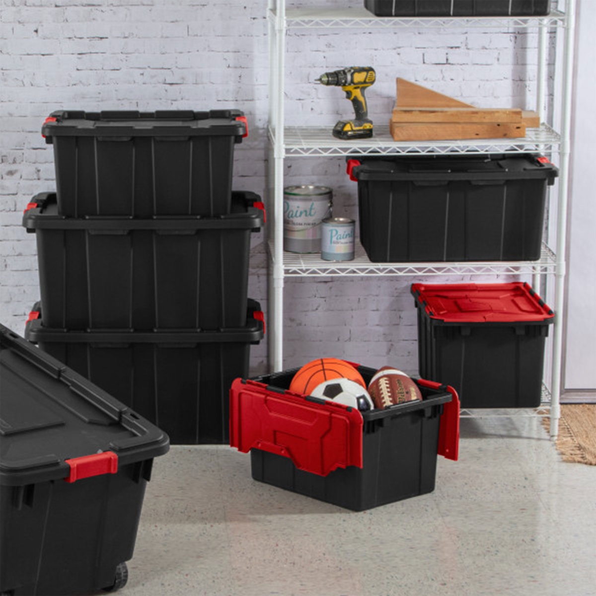 Industrial Tote Stackable Storage Bin with Latching Lid (Set of 4)